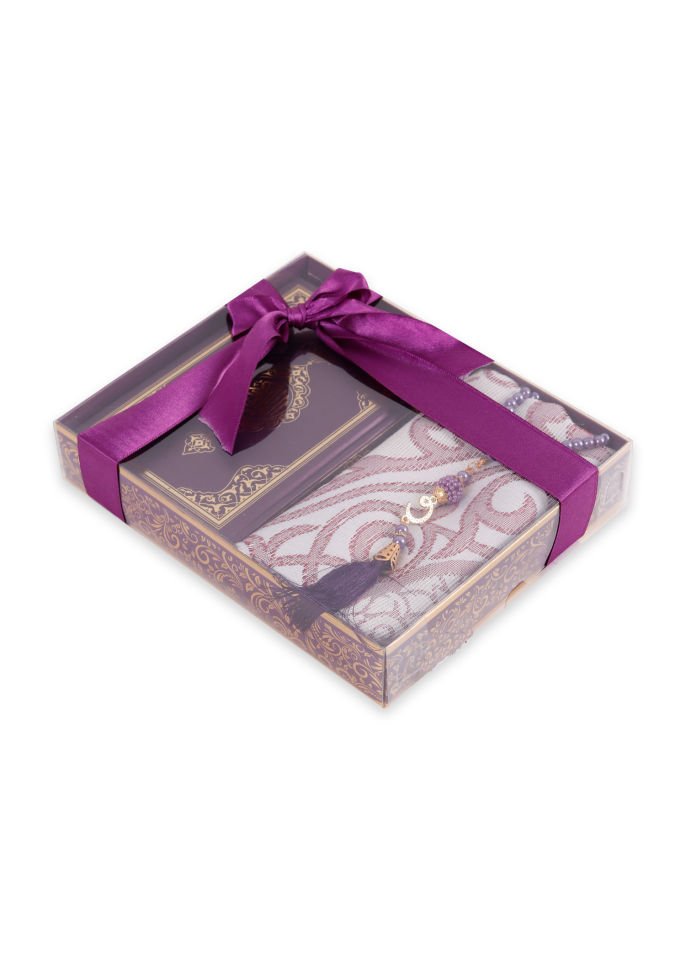 LİNA SERİSİ 3'LÜ SET (Çanta Boy Termo Kuran+Seccade+İnci Tespih) N0:1 MÜRDÜM