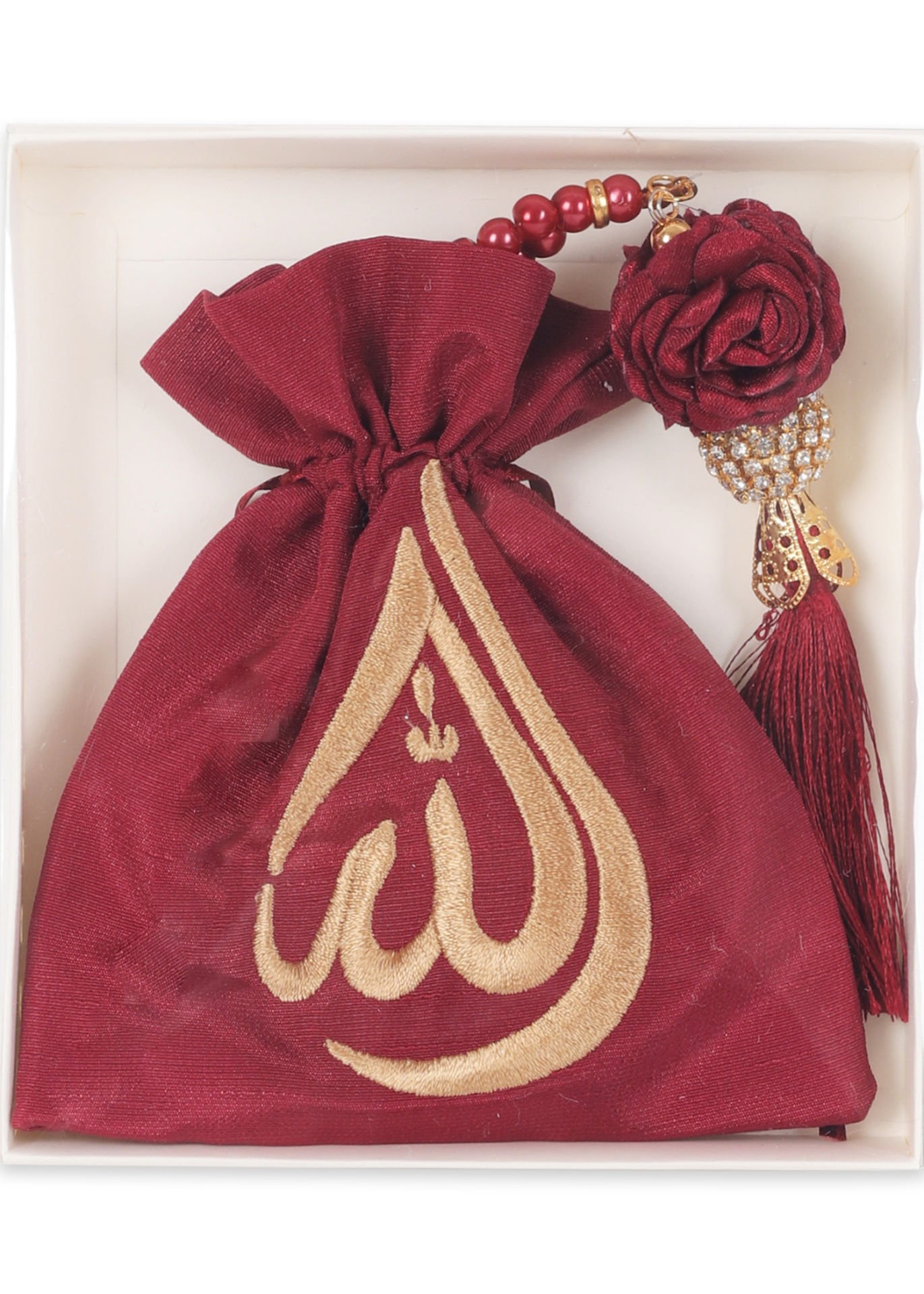 Kutulu İşlemeli Kese+Disko Toplu Tespih BORDO
