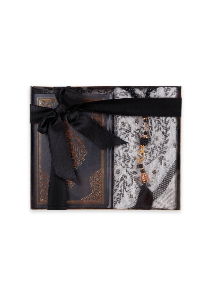 LİNA SERİSİ 3'LÜ SET (Çanta Boy Termo Kuran+Seccade+İnci Tespih) N0:1 SİYAH