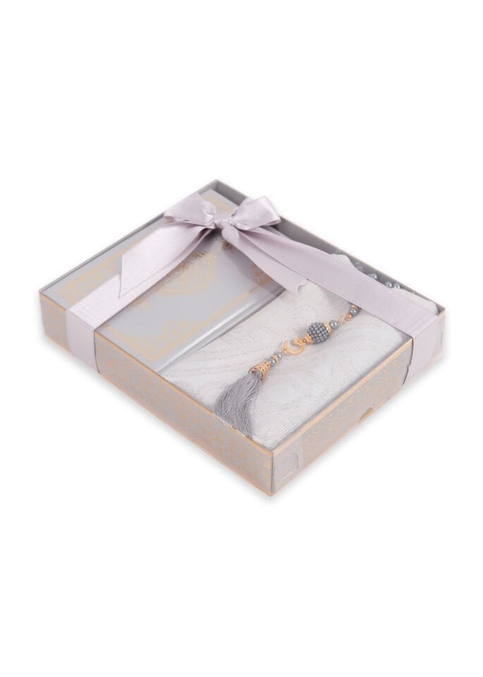 LİNA SERİSİ 3'LÜ SET (Çanta Boy Termo Kuran+Seccade+İnci Tespih) N0:1 GRİ