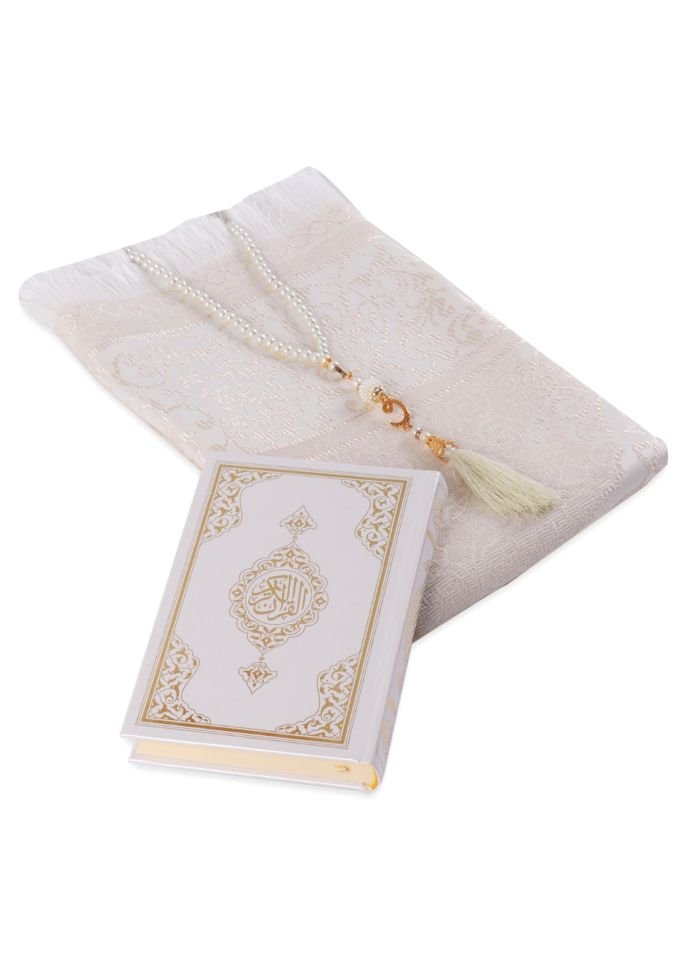 LİNA SERİSİ 3'LÜ SET (Çanta Boy Termo Kuran+Seccade+İnci Tespih) N0:1 KREM