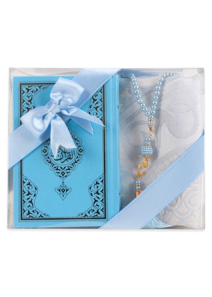 LİNA SERİSİ 3'LÜ SET (Çanta Boy Termo Kuran+Seccade+İnci Tespih) N0:1 BEBE MAVİ