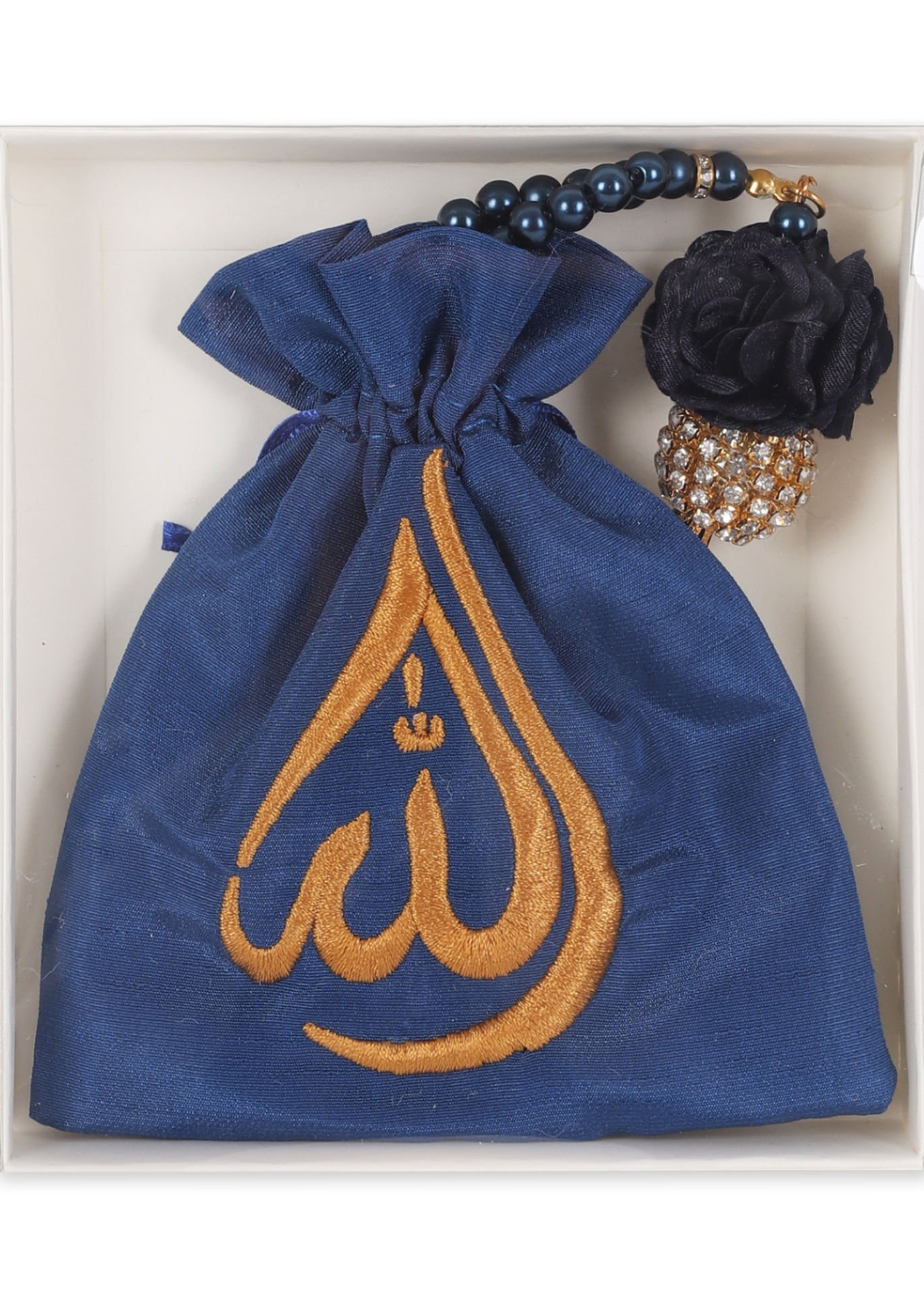 Kutulu İşlemeli Kese+Disko Toplu Tespih SAKS MAVİ