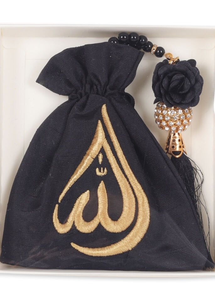 Kutulu İşlemeli Kese+Disko Toplu Tespih SİYAH