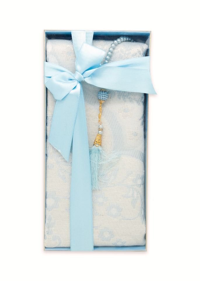 ESİLA SERİSİ KUTULU (Pamuk Seccde+İnci Tespih) NO:1 BEBE MAVİ