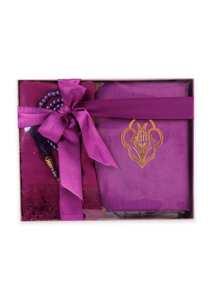 AFRA SERİSİ KUTULU (Pamuk Seccade+Yasin+İnci Tespih+Güpürlü Şal) Set NO:1 MÜRDÜM