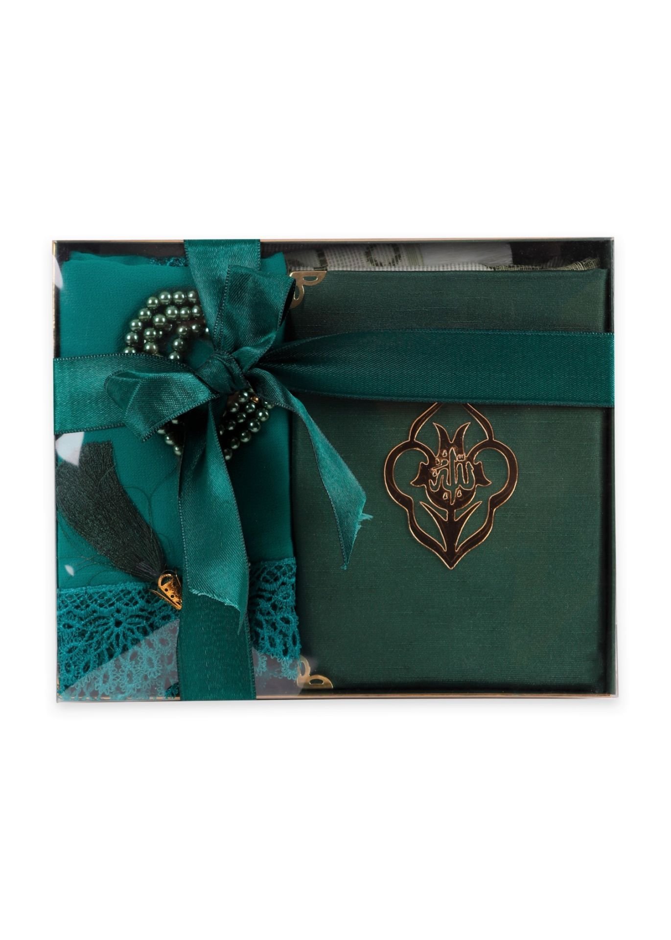 AFRA SERİSİ KUTULU (Pamuk Seccade+Yasin+İnci Tespih+Güpürlü Şal) Set NO:1 YEŞİL