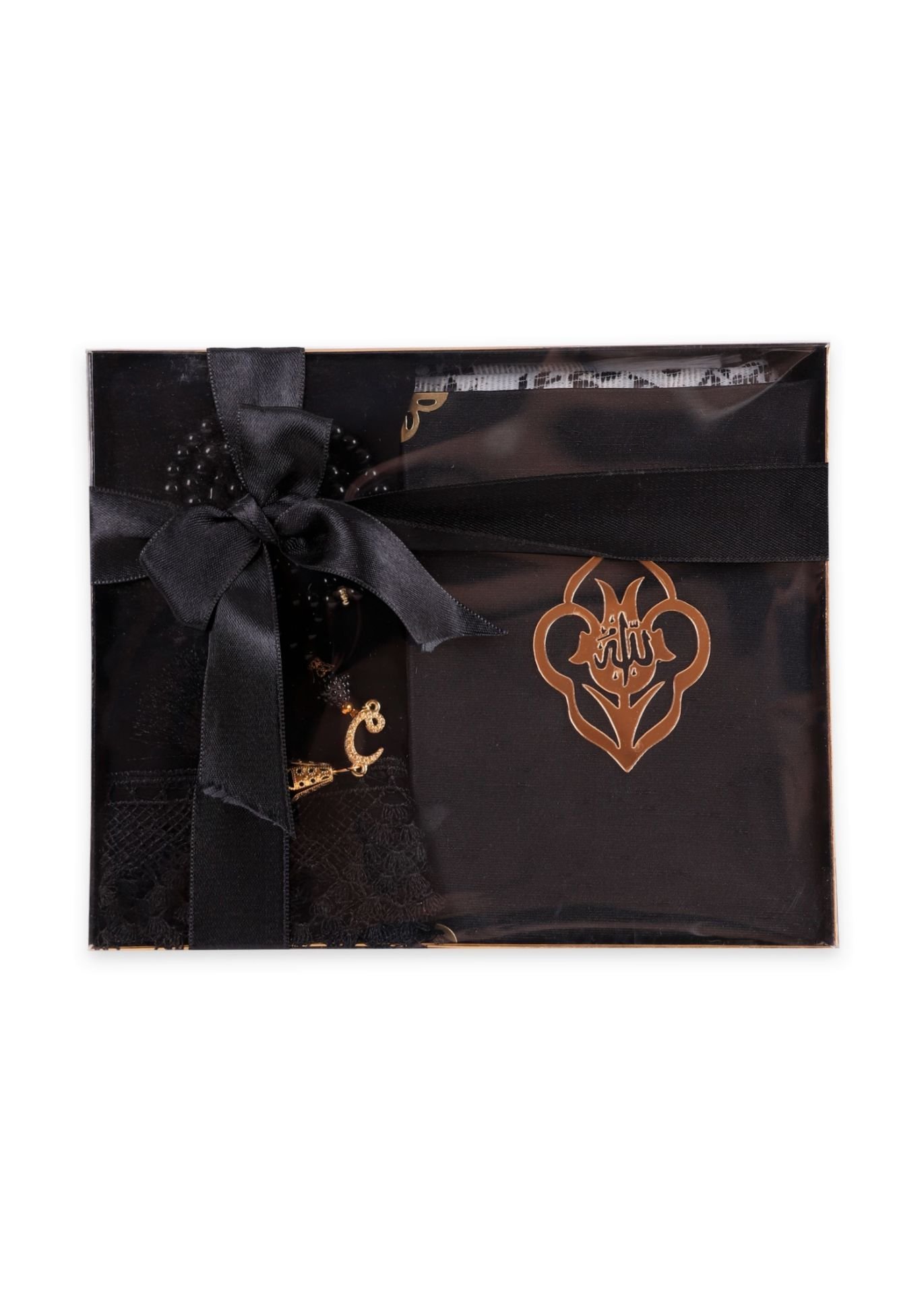 AFRA SERİSİ KUTULU (Pamuk Seccade+Yasin+İnci Tespih+Güpürlü Şal) Set NO:1 SİYAH