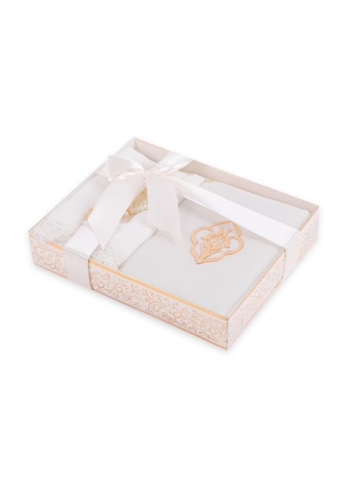 AFRA SERİSİ KUTULU (Pamuk Seccade+Yasin+İnci Tespih+Güpürlü Şal) Set NO:1 KREM