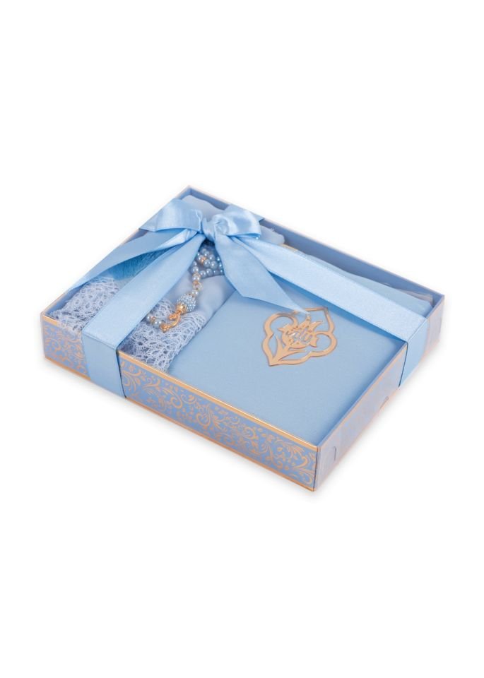 AFRA SERİSİ KUTULU (Pamuk Seccade+Yasin+İnci Tespih+Güpürlü Şal) Set NO:1 BEBE MAVİ