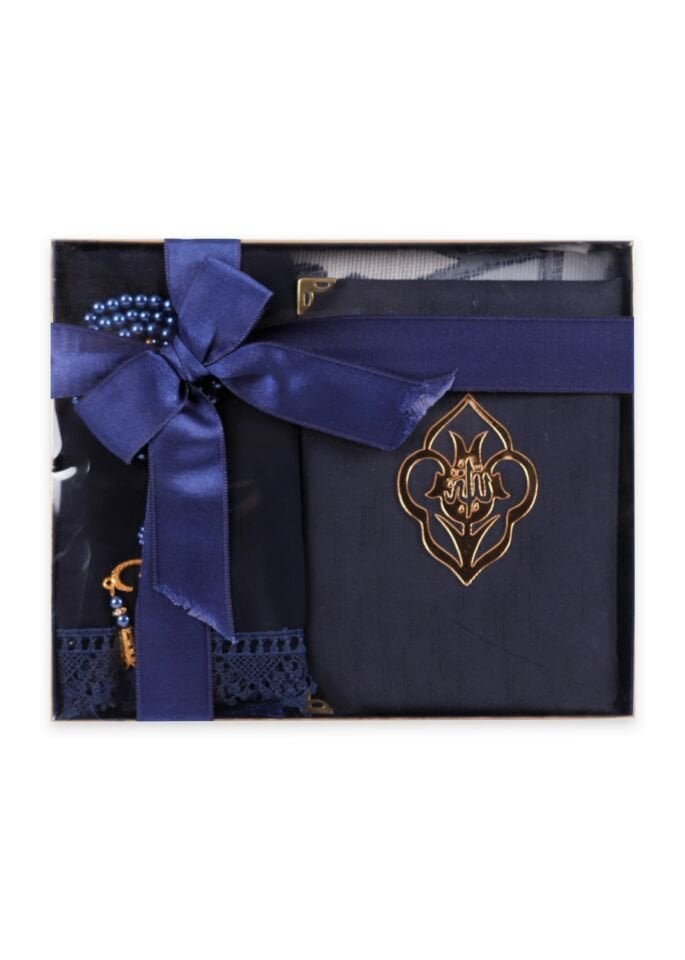 AFRA SERİSİ KUTULU (Pamuk Seccade+Yasin+İnci Tespih+Güpürlü Şal) Set NO:1 LACİVERT