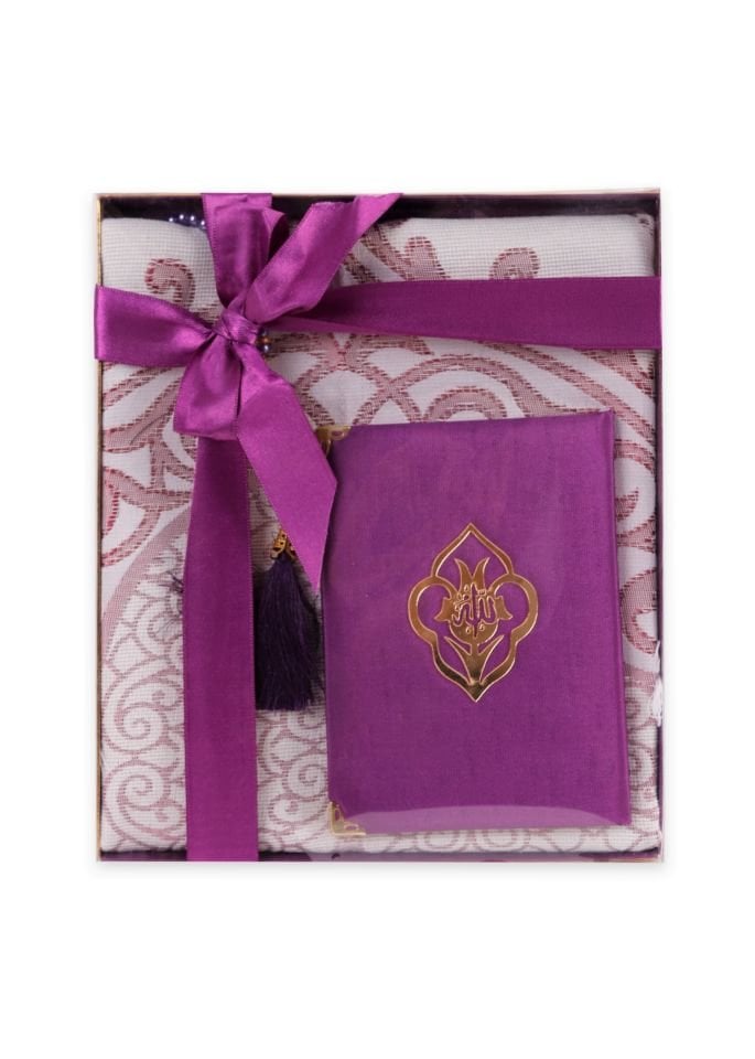 VERA SERİSİ KUTULU KARE SET (Seccade+Şantuk Yasin+İnci Tespih) NO:1 MÜRDÜM