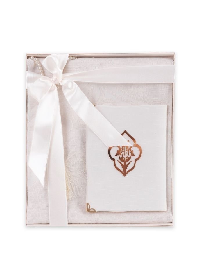 VERA SERİSİ KUTULU KARE SET (Seccade+Şantuk Yasin+İnci Tespih) NO:1 KREM