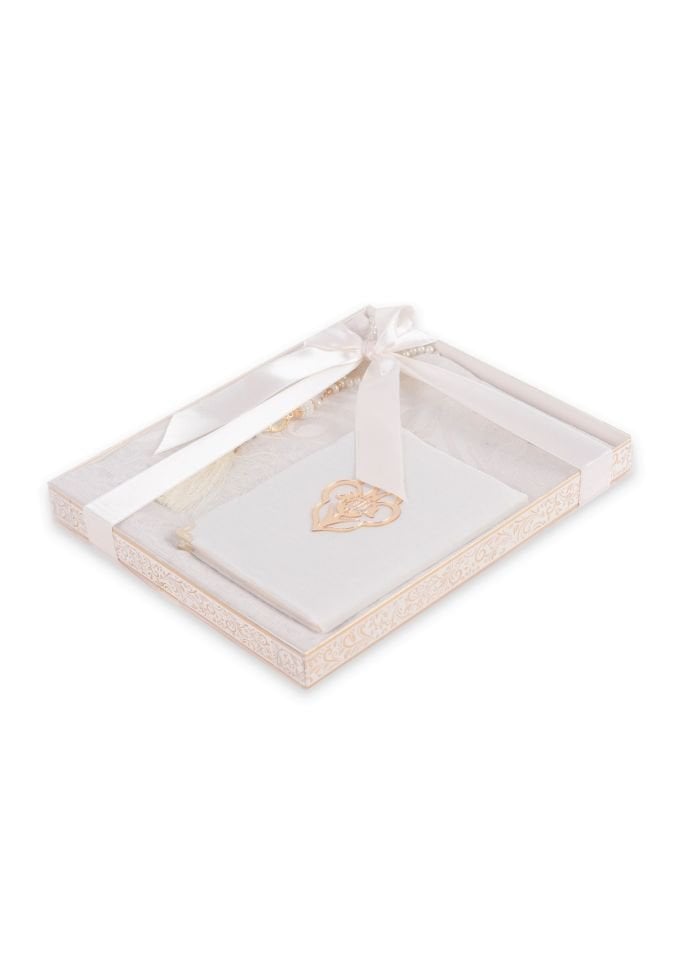 VERA SERİSİ KUTULU KARE SET (Seccade+Şantuk Yasin+İnci Tespih) NO:1 KREM