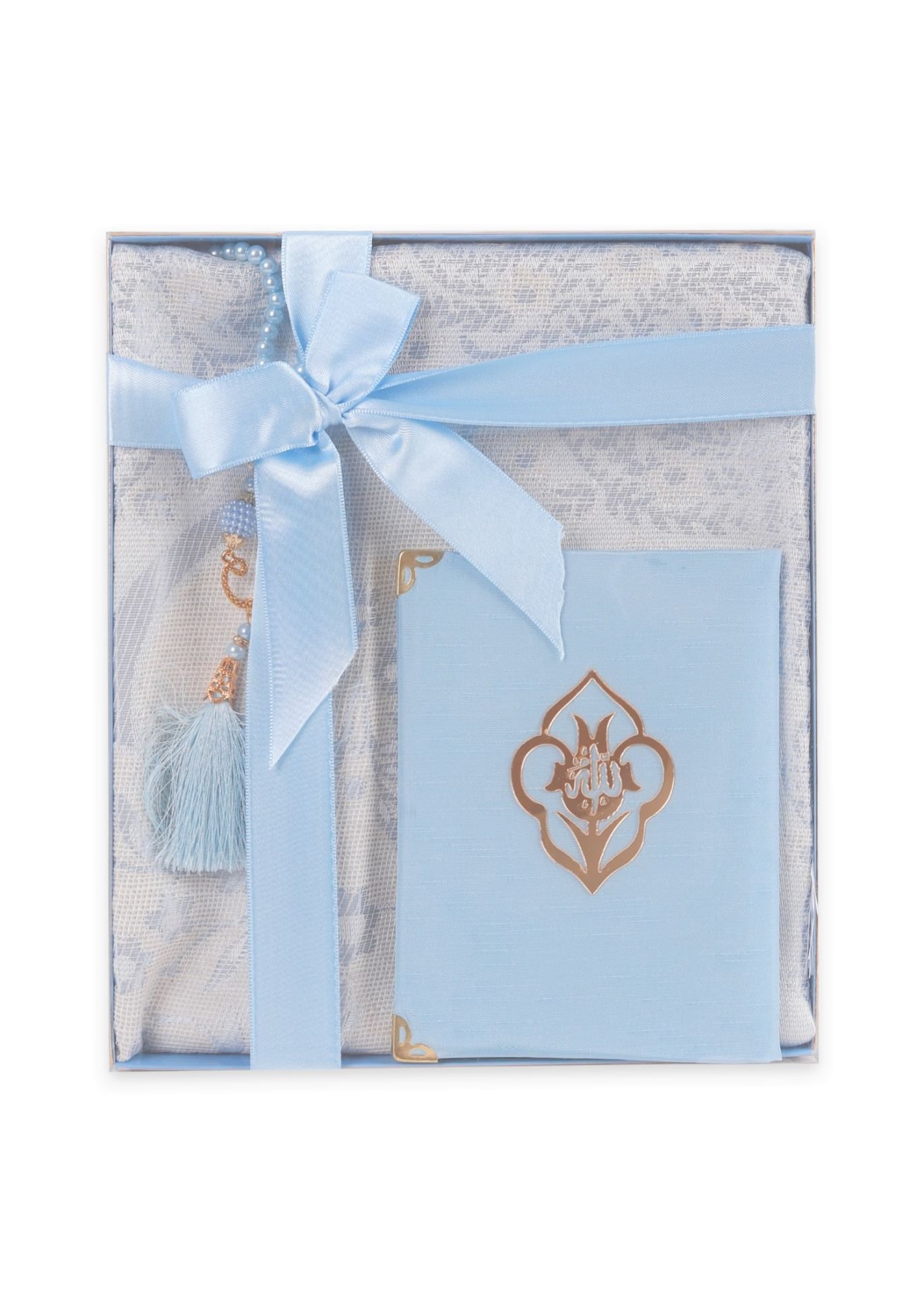 VERA SERİSİ KUTULU KARE SET (Seccade+Şantuk Yasin+İnci Tespih) NO:1 BEBE MAVİ