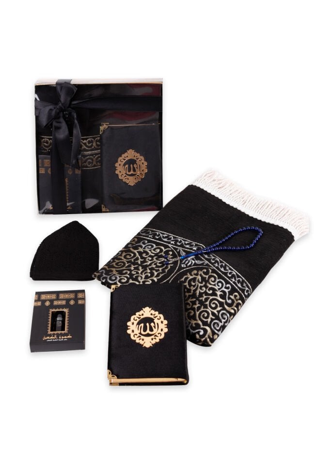 ADİL SERİSİ KUTULU (Astarlı Seccade+Takke+Esans+Tespih+Kadife Kuran)SET NO:1 SİYAH