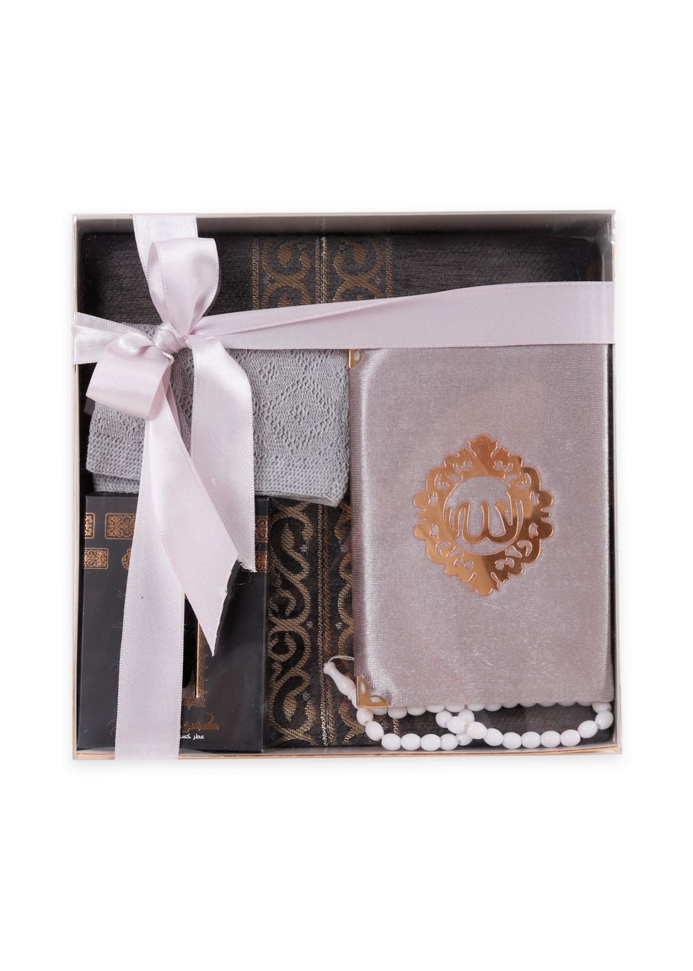 ADİL SERİSİ KUTULU (Astarlı Seccade+Takke+Esans+Tespih+Kadife Kuran)SET NO:1 GRİ