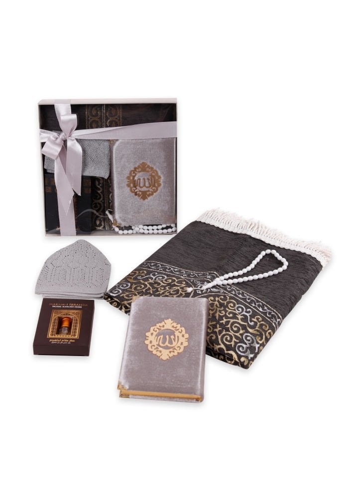 ADİL SERİSİ KUTULU (Astarlı Seccade+Takke+Esans+Tespih+Kadife Kuran)SET NO:1 GRİ