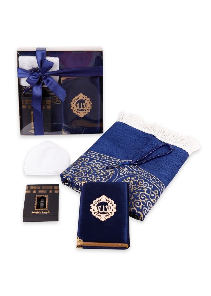 ADİL SERİSİ KUTULU (Astarlı Seccade+Takke+Esans+Tespih+Kadife Kuran)SET NO:1 LACİVERT