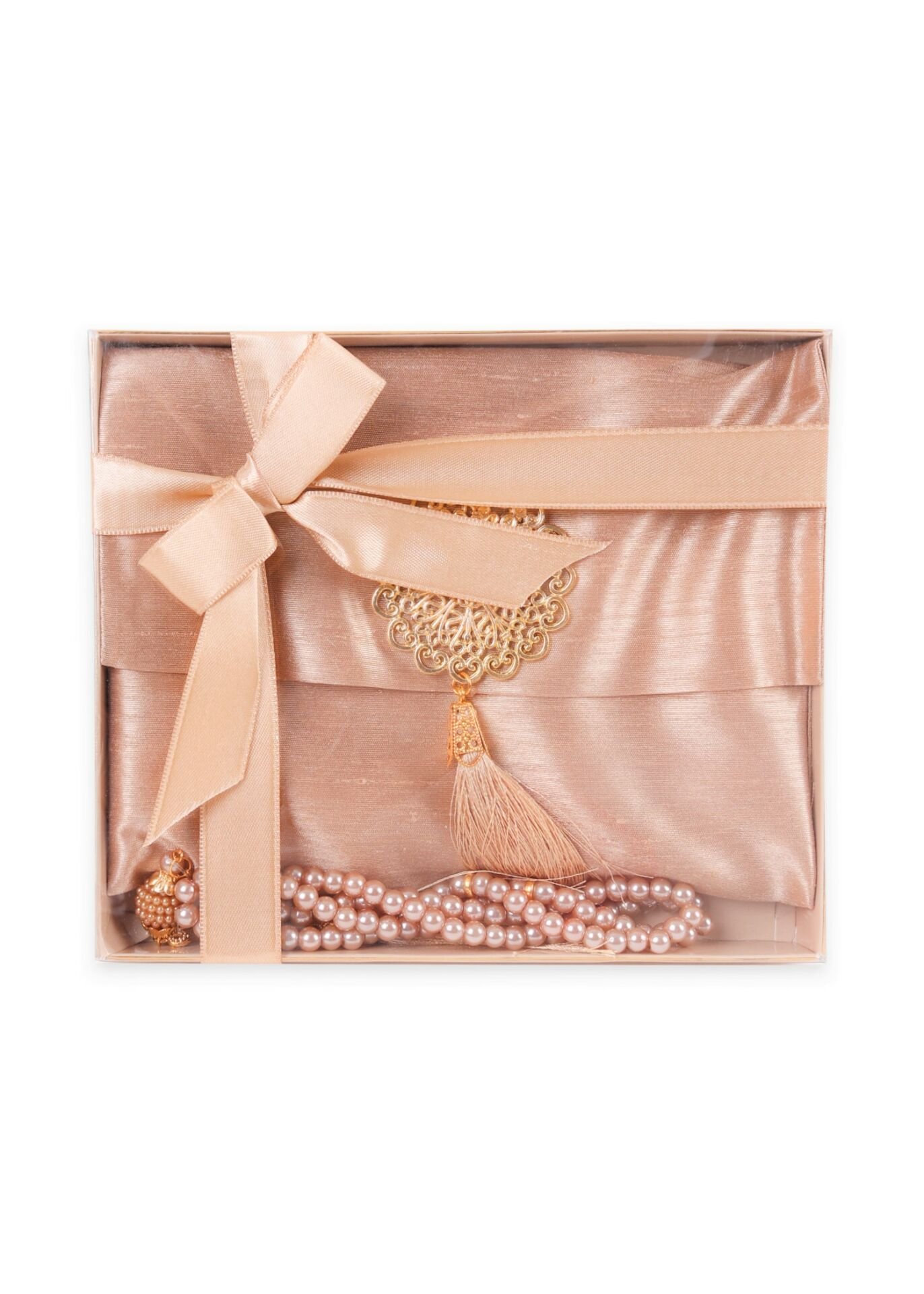 MEVA SERİSİ KUTULU KARE SET (Madalyonlu Çanta+ Şantuk Yasin+ İnci Tespih) NO:1 GOLD