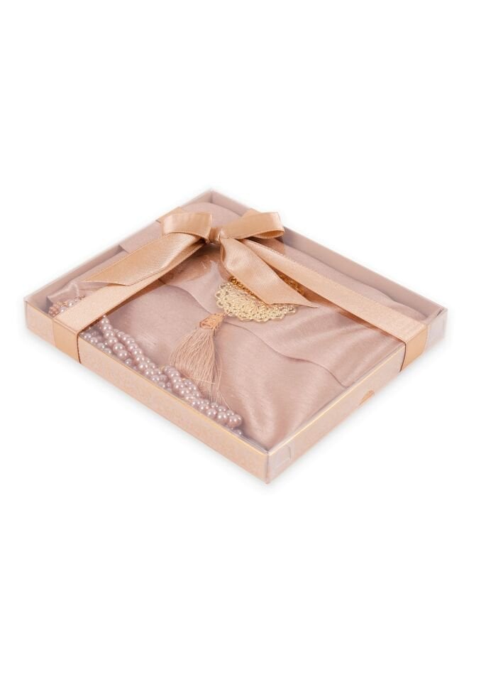 MEVA SERİSİ KUTULU KARE SET (Madalyonlu Çanta+ Şantuk Yasin+ İnci Tespih) NO:1 GOLD