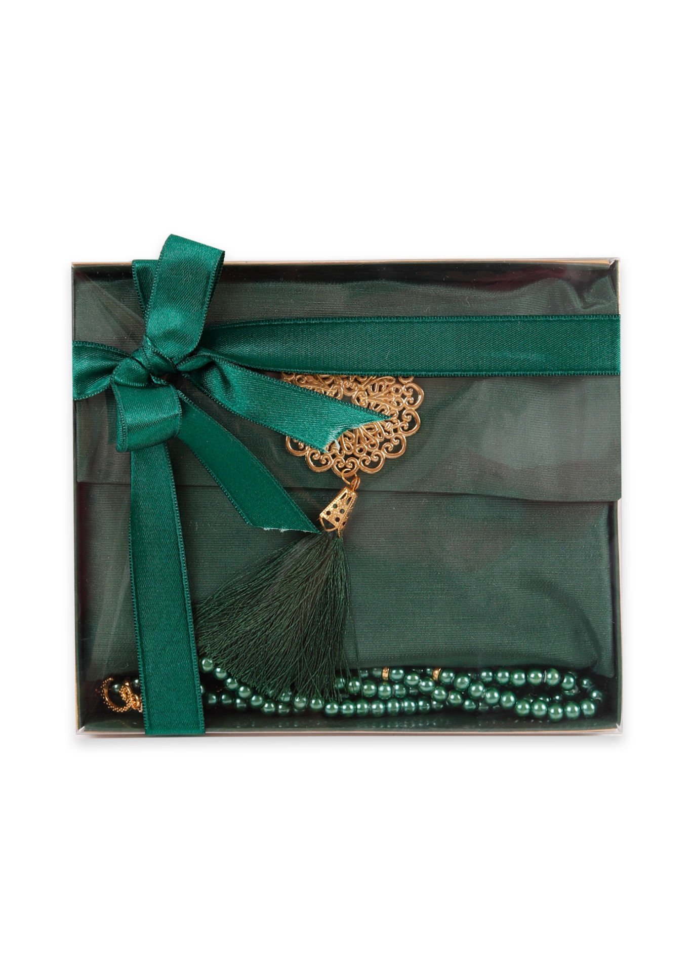 MEVA SERİSİ KUTULU KARE SET (Madalyonlu Çanta+ Şantuk Yasin+ İnci Tespih) NO:1 YEŞİL