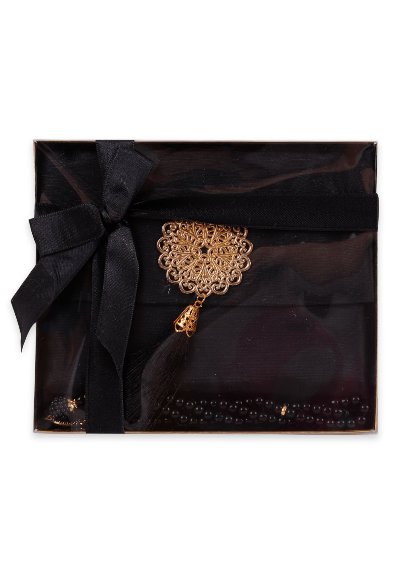 MEVA SERİSİ KUTULU KARE SET (Madalyonlu Çanta+ Şantuk Yasin+ İnci Tespih) NO:1 SİYAH