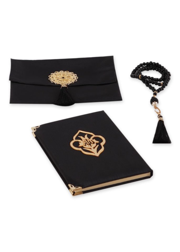 MEVA SERİSİ KUTULU KARE SET (Madalyonlu Çanta+ Şantuk Yasin+ İnci Tespih) NO:1 SİYAH