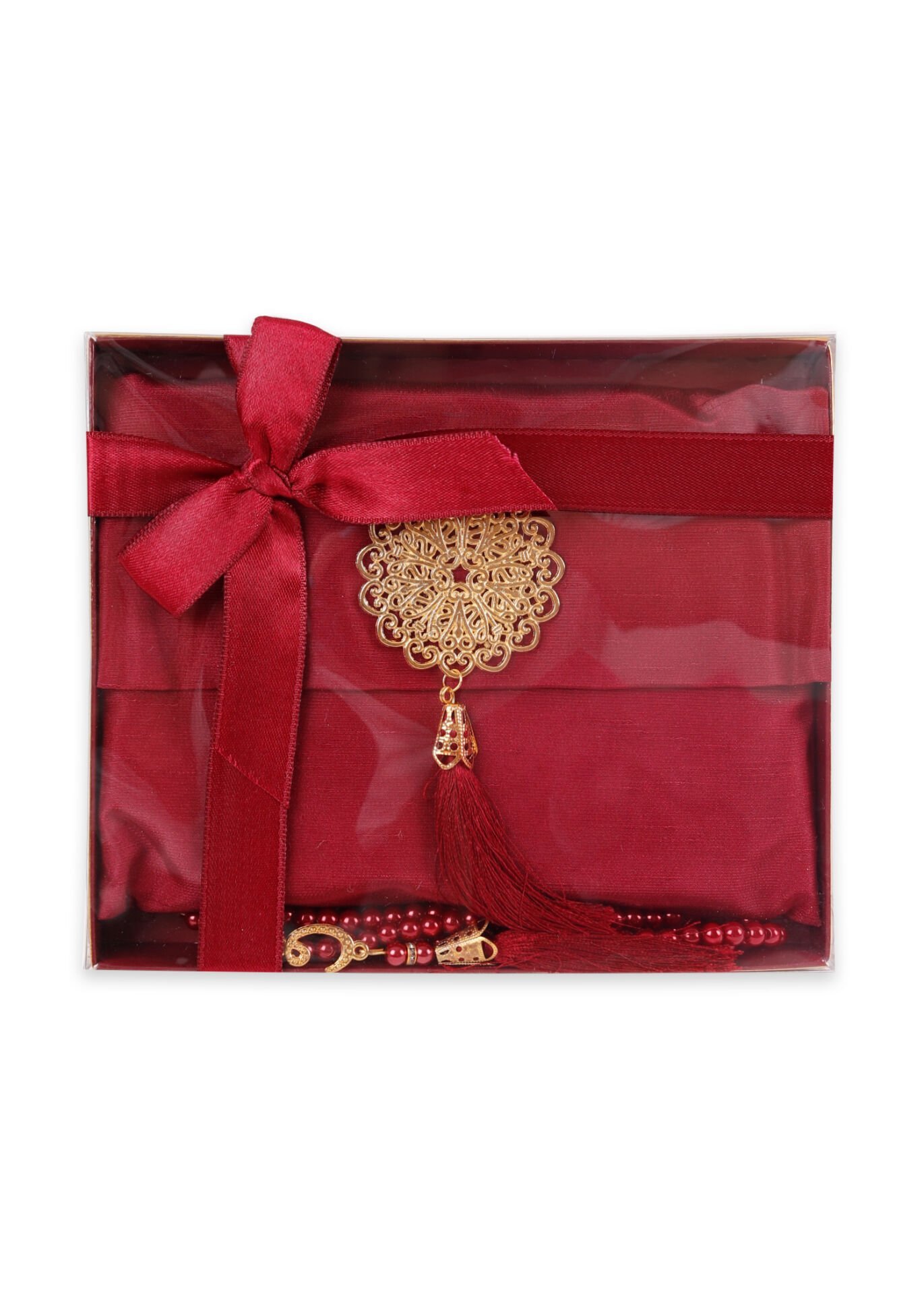 MEVA SERİSİ KUTULU KARE SET (Madalyonlu Çanta+ Şantuk Yasin+ İnci Tespih) NO:1 BORDO