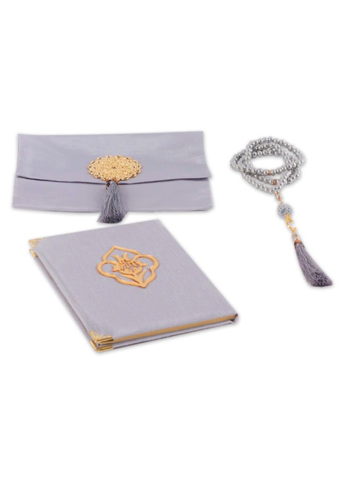 MEVA SERİSİ KUTULU KARE SET (Madalyonlu Çanta+ Şantuk Yasin+ İnci Tespih) NO:1 GRİ