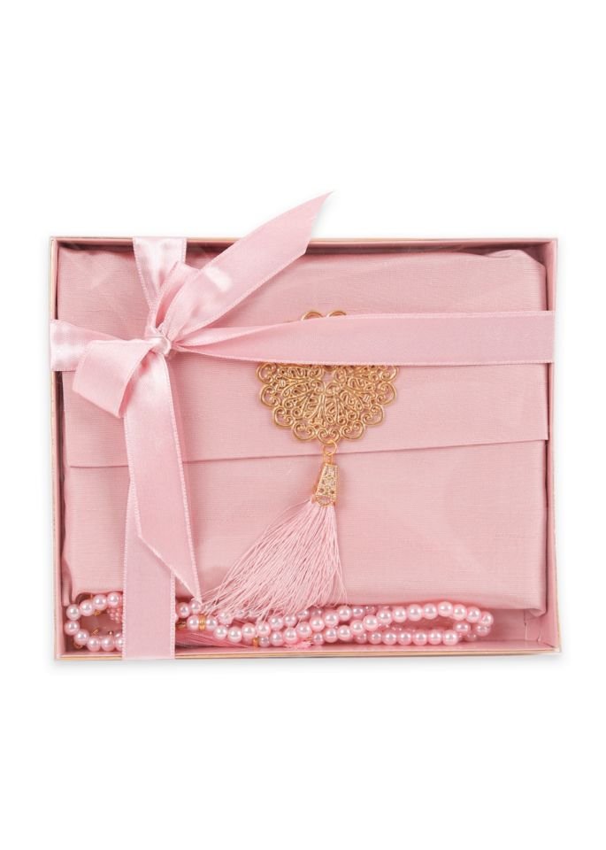 MEVA SERİSİ KUTULU KARE SET (Madalyonlu Çanta+ Şantuk Yasin+ İnci Tespih) NO:1 PUDRA