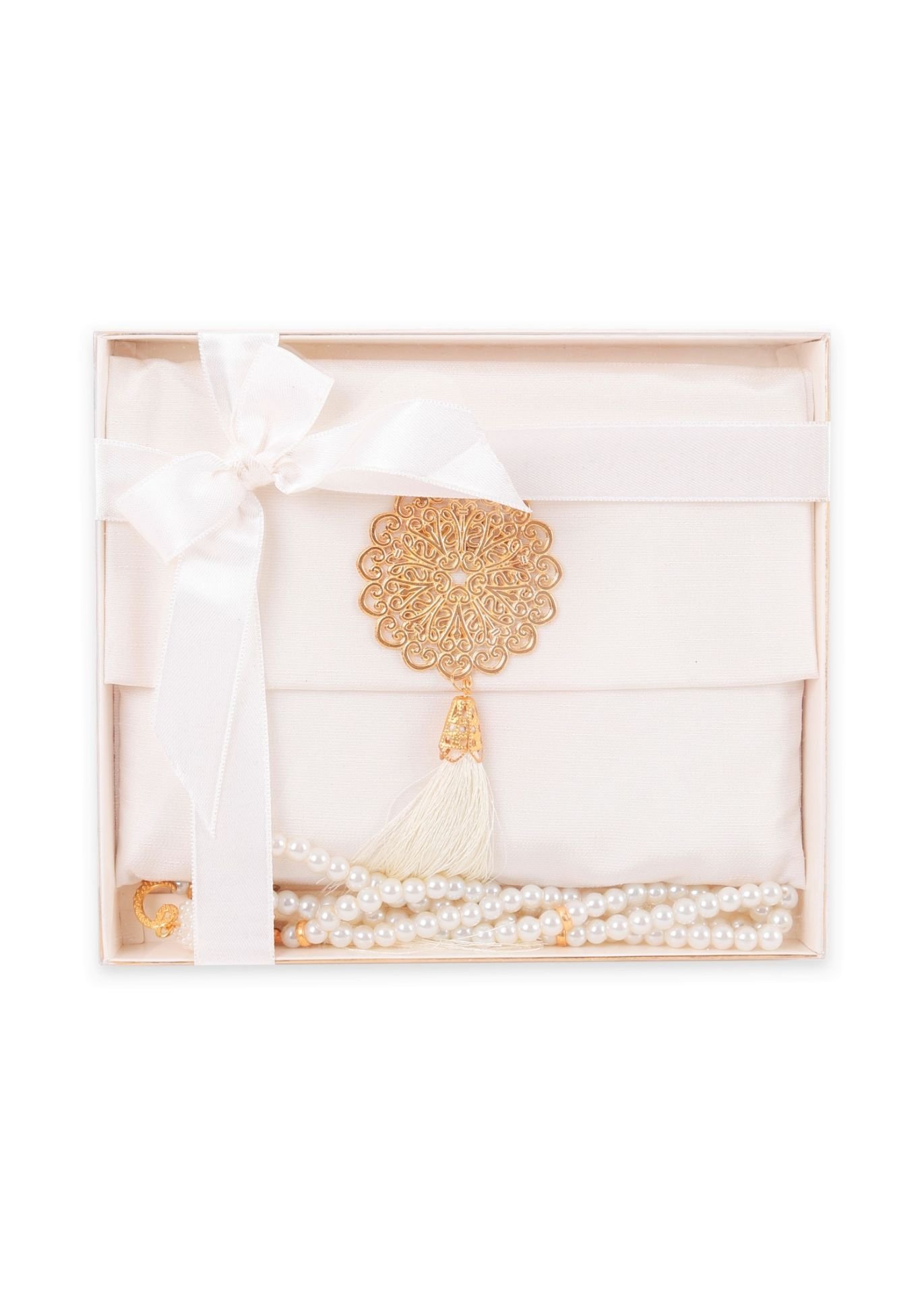 MEVA SERİSİ KUTULU KARE SET (Madalyonlu Çanta+ Şantuk Yasin+ İnci Tespih) NO:1 KREM