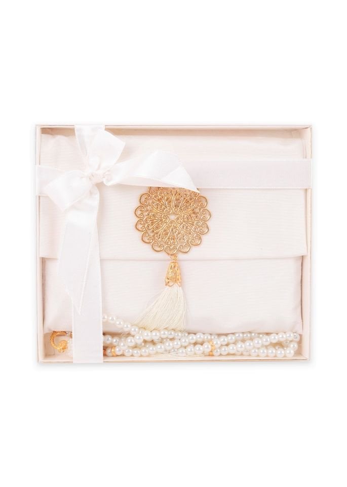 MEVA SERİSİ KUTULU KARE SET (Madalyonlu Çanta+ Şantuk Yasin+ İnci Tespih) NO:1 KREM