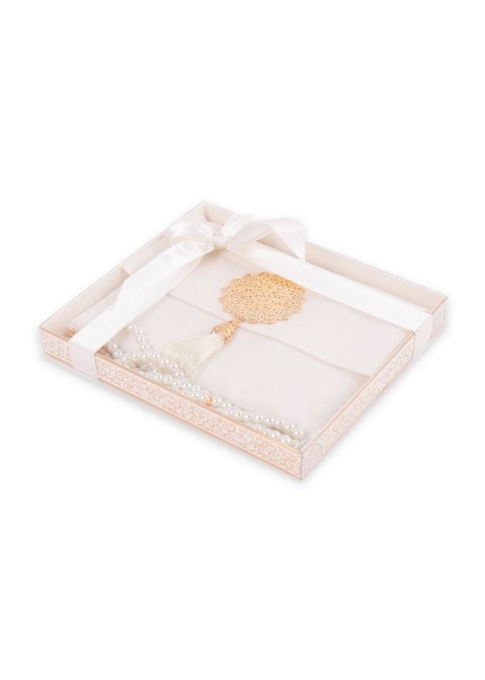 MEVA SERİSİ KUTULU KARE SET (Madalyonlu Çanta+ Şantuk Yasin+ İnci Tespih) NO:1 KREM
