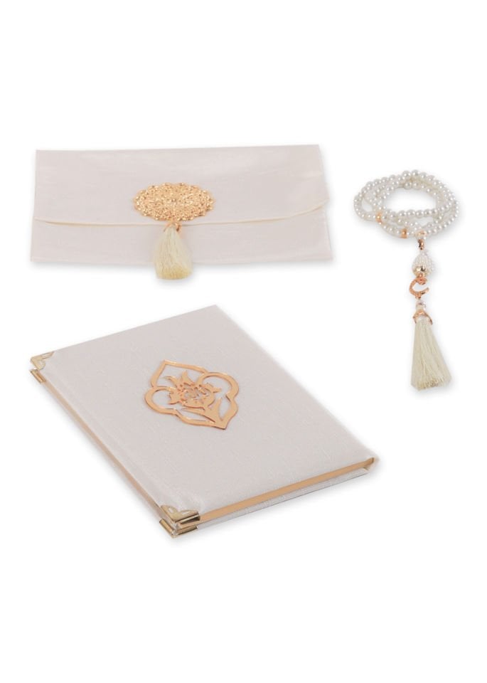 MEVA SERİSİ KUTULU KARE SET (Madalyonlu Çanta+ Şantuk Yasin+ İnci Tespih) NO:1 KREM