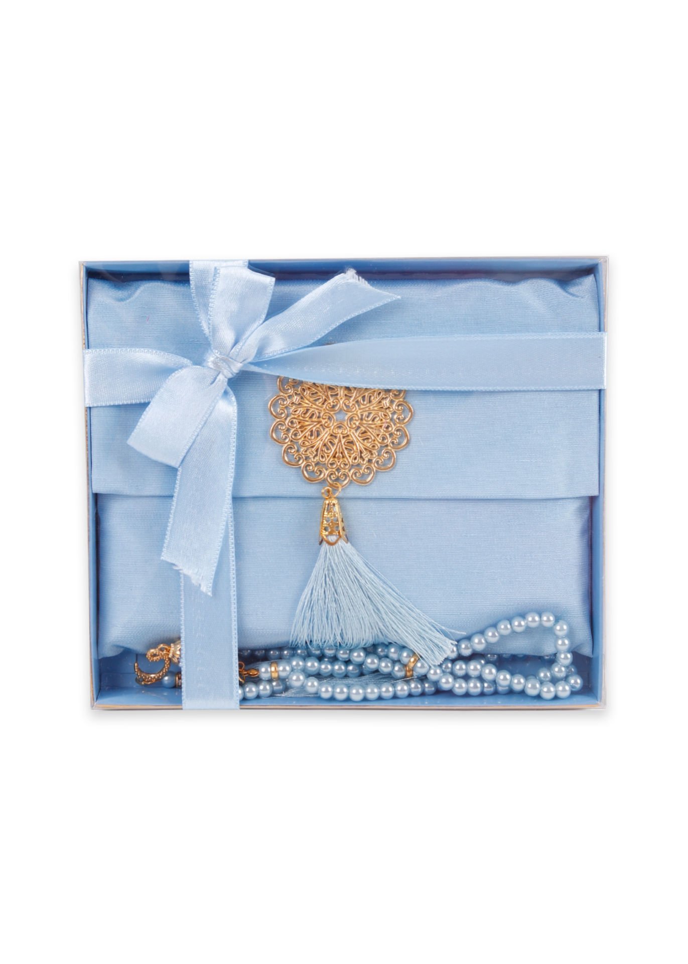 MEVA SERİSİ KUTULU KARE SET (Madalyonlu Çanta+ Şantuk Yasin+ İnci Tespih) NO:1 BEBE MAVİ