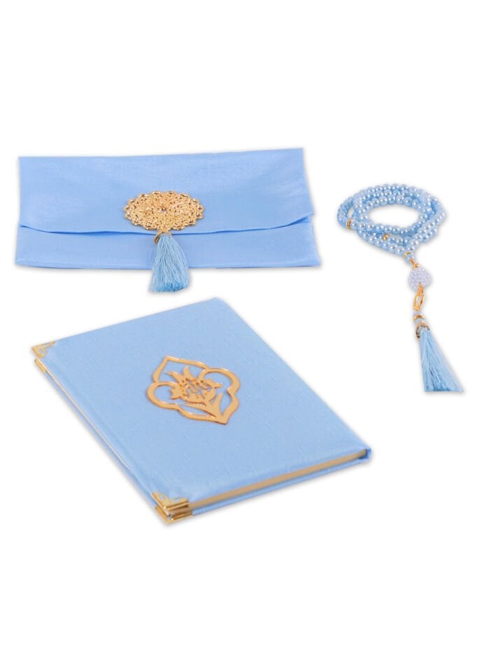 MEVA SERİSİ KUTULU KARE SET (Madalyonlu Çanta+ Şantuk Yasin+ İnci Tespih) NO:1 BEBE MAVİ