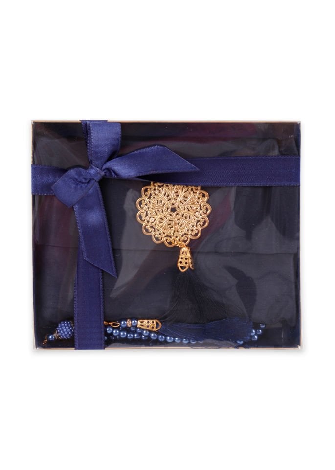 MEVA SERİSİ KUTULU KARE SET (Madalyonlu Çanta+ Şantuk Yasin+ İnci Tespih) NO:1 LACİVERT
