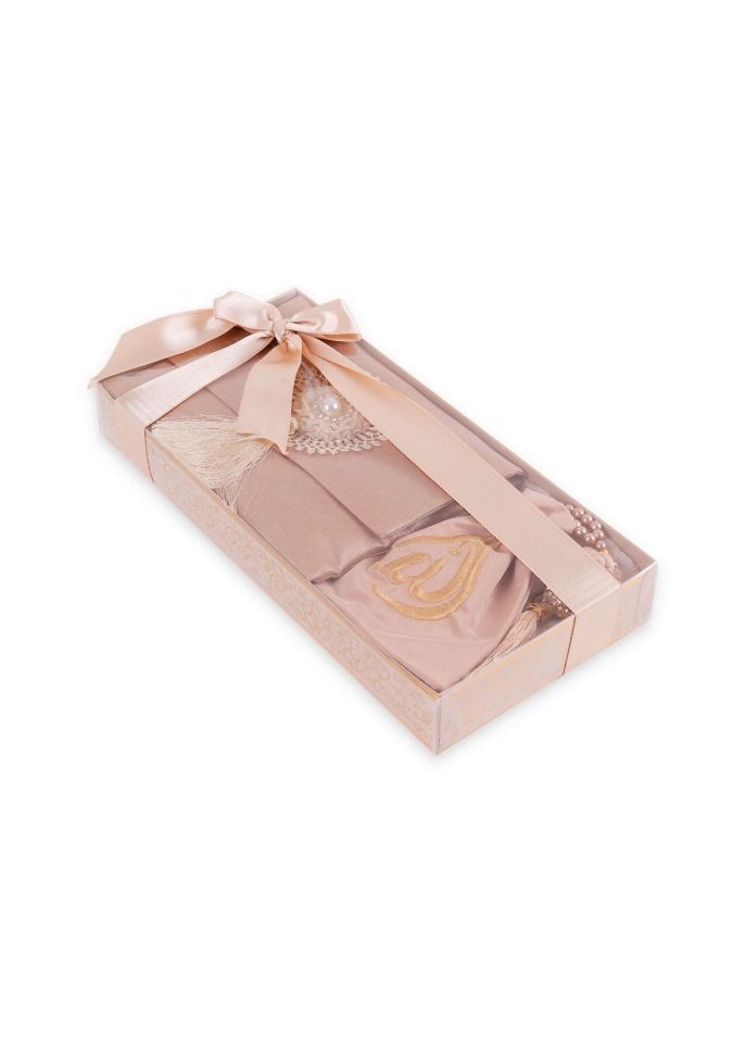 ENFAL SERİSİ KUTULU (Seccade+Disko Top Tespih+Nakışlı Kese+Güpürlü Çanta+Yasin) SET NO:1 GOLD