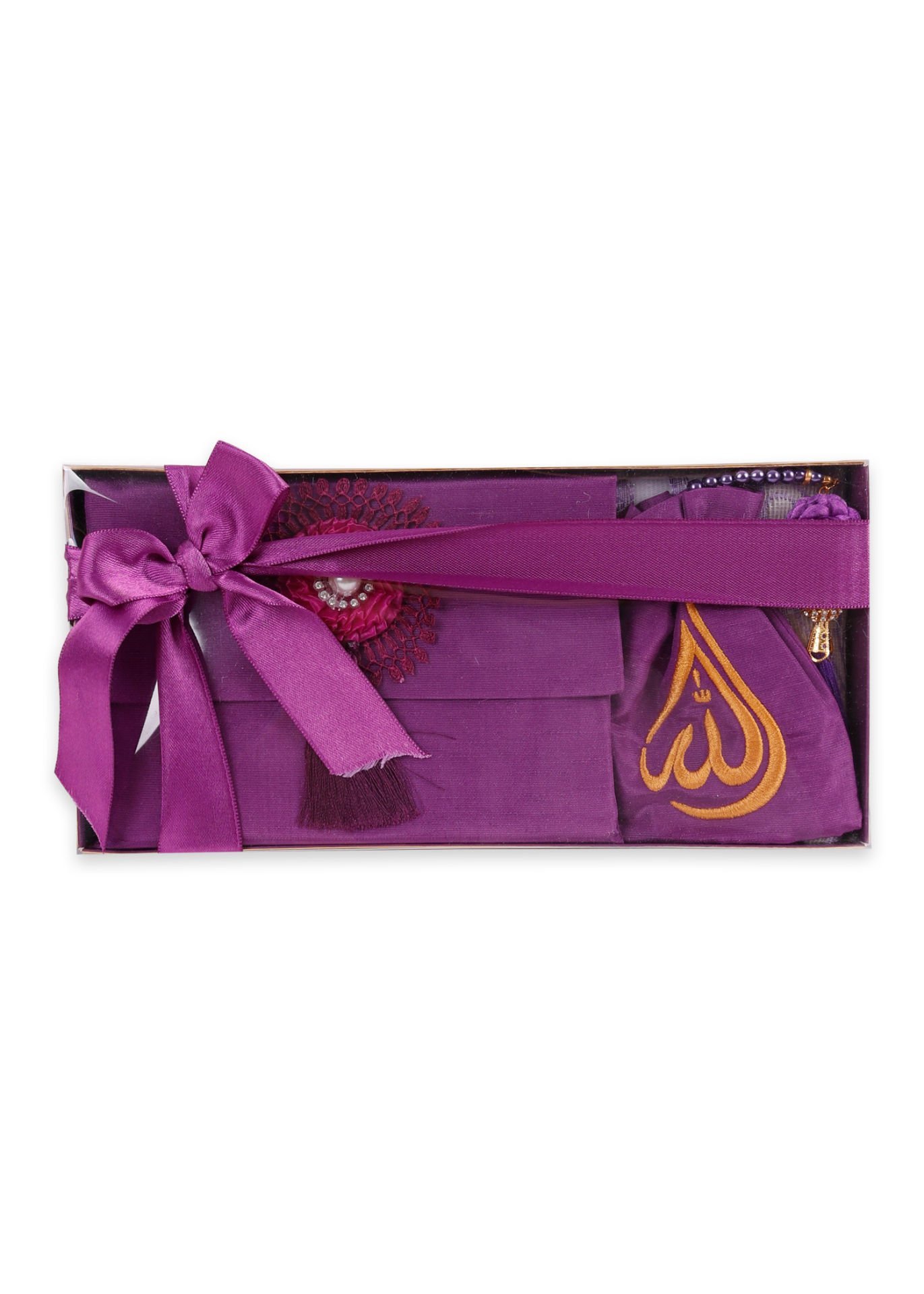 ENFAL SERİSİ KUTULU (Seccade+Disko Top Tespih+Nakışlı Kese+Güpürlü Çanta+Yasin) SET NO:1 MÜRDÜM