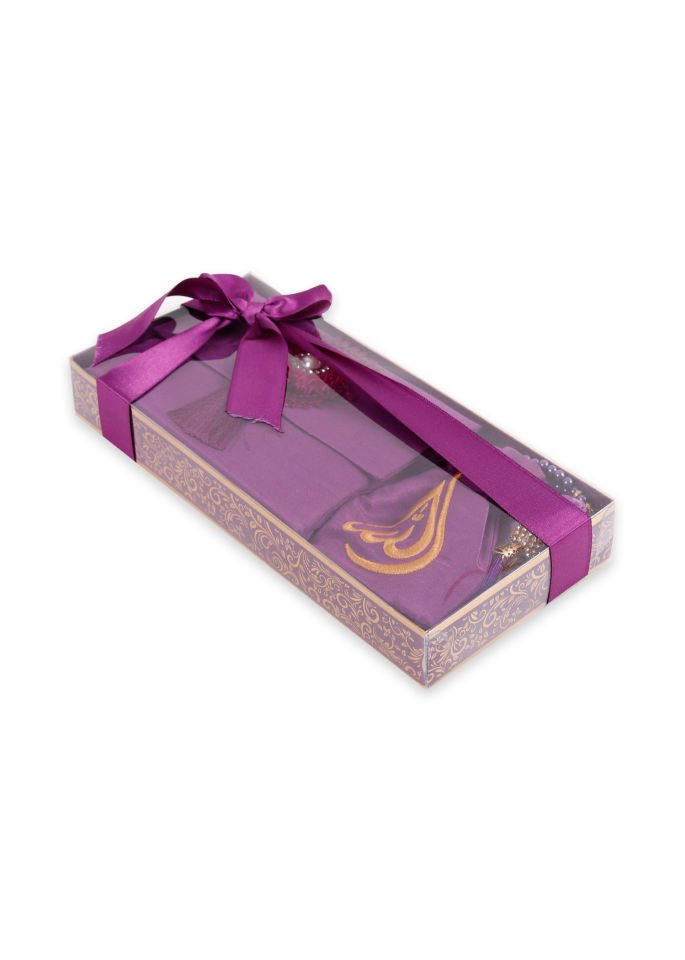 ENFAL SERİSİ KUTULU (Seccade+Disko Top Tespih+Nakışlı Kese+Güpürlü Çanta+Yasin) SET NO:1 MÜRDÜM