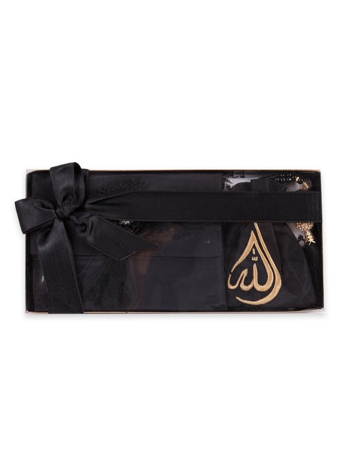 ENFAL SERİSİ KUTULU (Seccade+Disko Top Tespih+Nakışlı Kese+Güpürlü Çanta+Yasin) SET NO:1 SİYAH