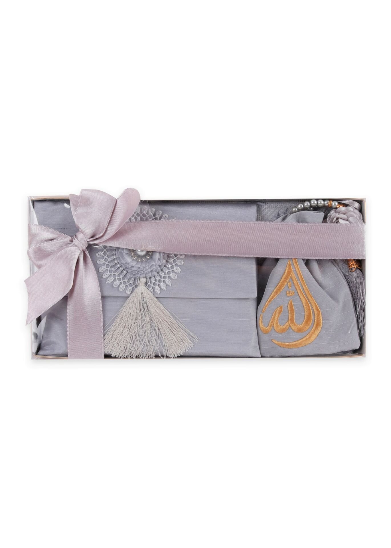 ENFAL SERİSİ KUTULU (Seccade+Disko Top Tespih+Nakışlı Kese+Güpürlü Çanta+Yasin) SET NO:1 GRİ