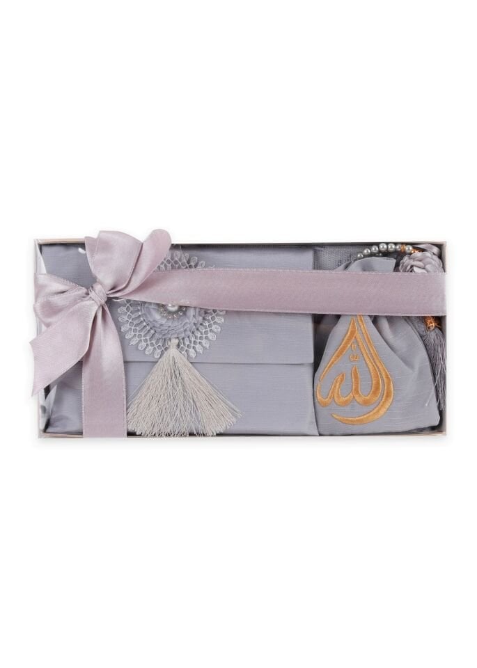 ENFAL SERİSİ KUTULU (Seccade+Disko Top Tespih+Nakışlı Kese+Güpürlü Çanta+Yasin) SET NO:1 GRİ