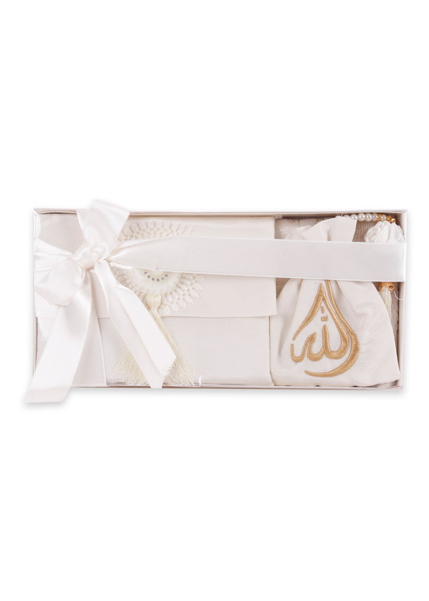 ENFAL SERİSİ KUTULU (Seccade+Disko Top Tespih+Nakışlı Kese+Güpürlü Çanta+Yasin) SET NO:1 KREM