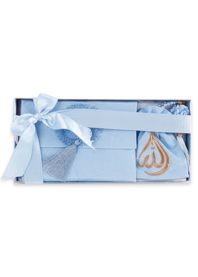 ENFAL SERİSİ KUTULU (Seccade+Disko Top Tespih+Nakışlı Kese+Güpürlü Çanta+Yasin) SET NO:1 BEBE MAVİ