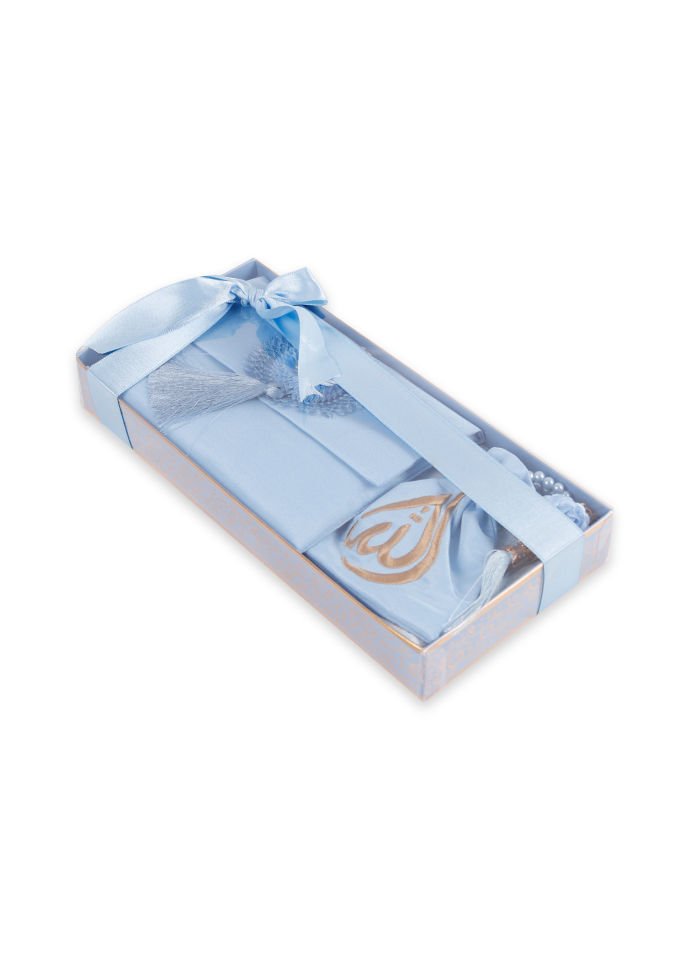 ENFAL SERİSİ KUTULU (Seccade+Disko Top Tespih+Nakışlı Kese+Güpürlü Çanta+Yasin) SET NO:1 BEBE MAVİ