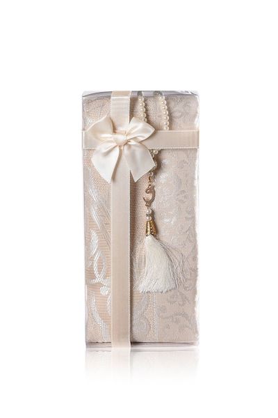 ESİLA SERİSİ 2'li SET (Pamuk Seccade+ İnci Tespih) NO:2 KREM