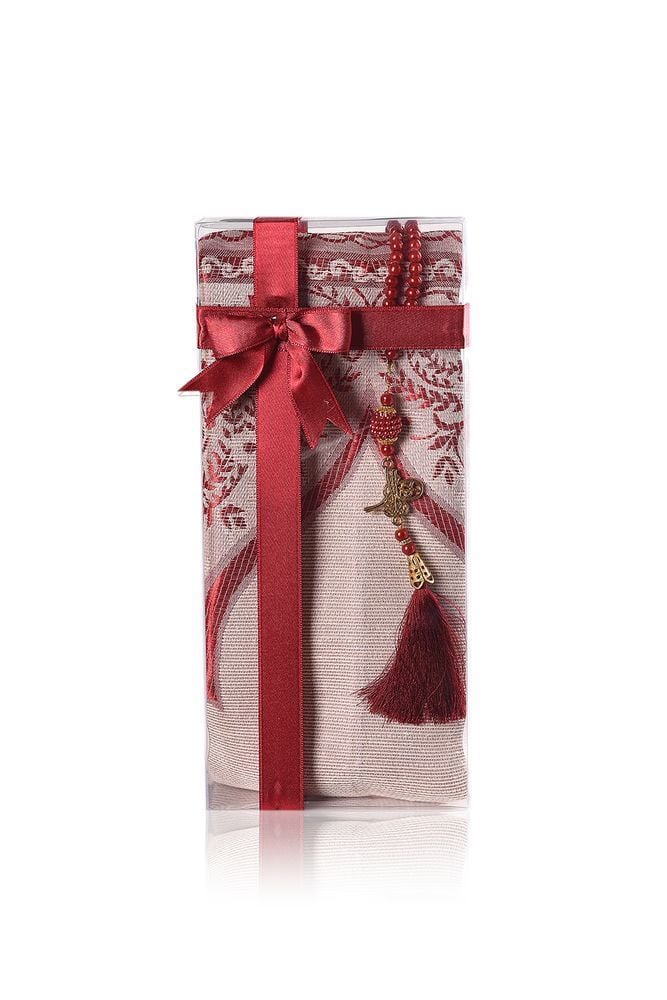 ESİLA SERİSİ 2'li SET (Pamuk Seccade+ İnci Tespih) NO:2 BORDO