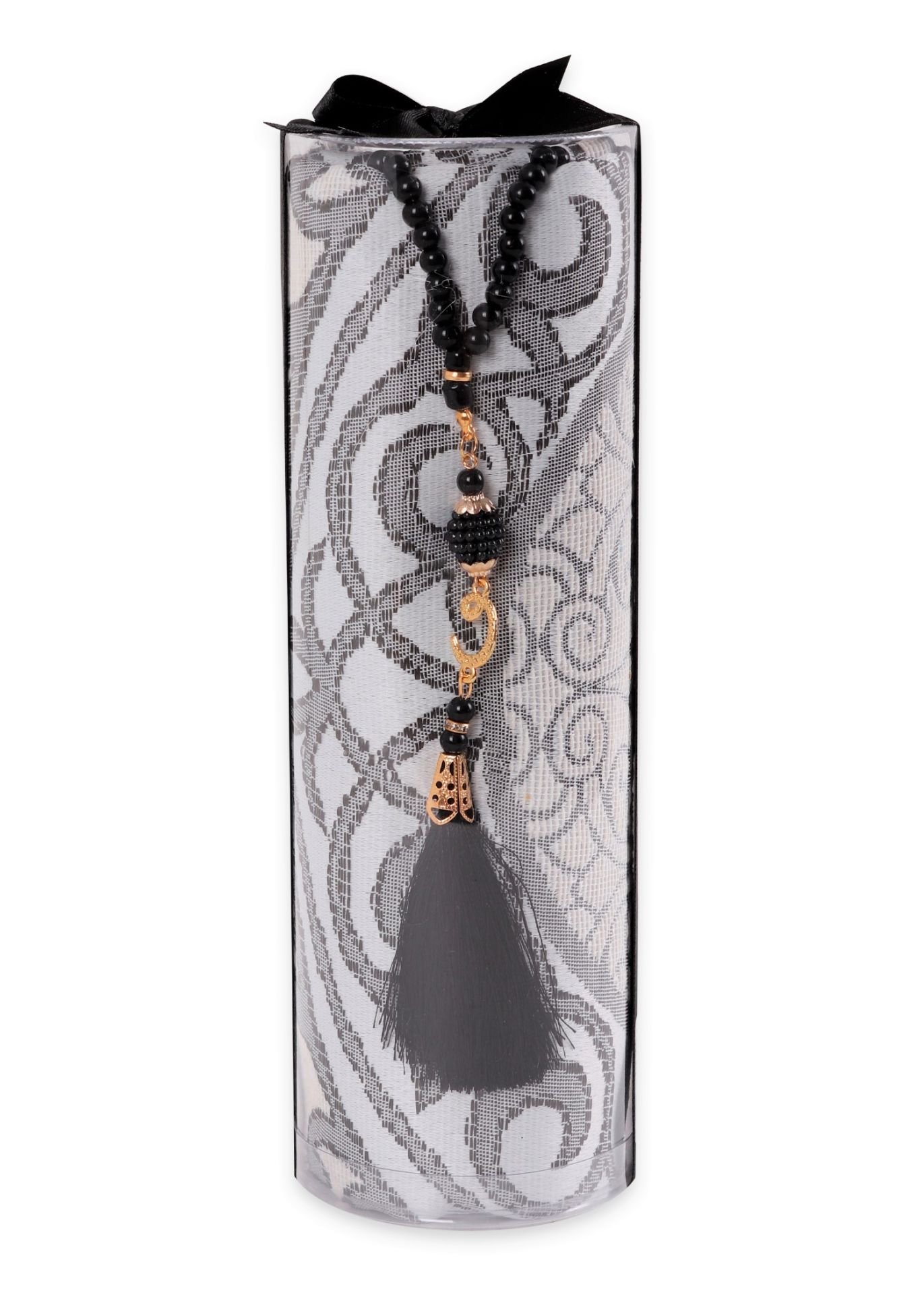 DUHA SERİSİ 2'li SET (Silindir Asetat  Pamuk Seccade+ İnci Tespih 24.5X8 ) SİYAH